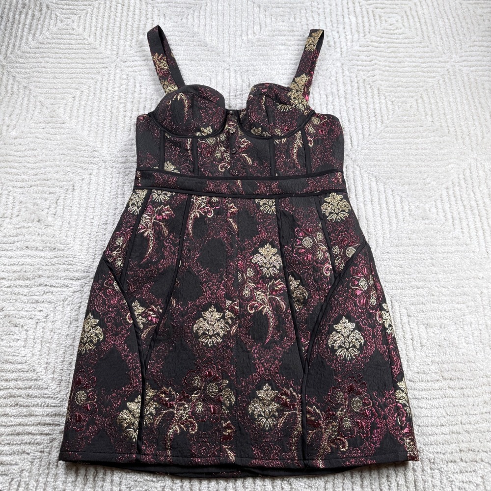 LPA Corset Brocade Mini Dress Women's Medium Black Gold Burgundy Metallic Damask